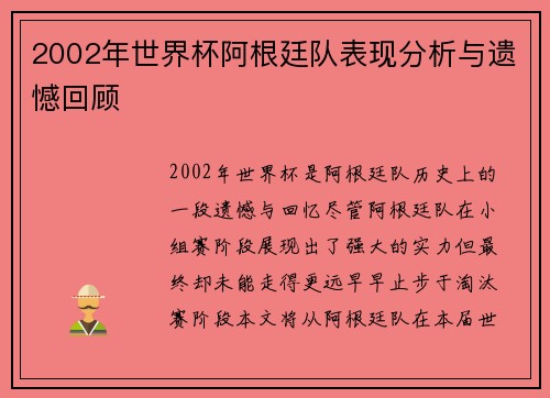 2002年世界杯阿根廷队表现分析与遗憾回顾