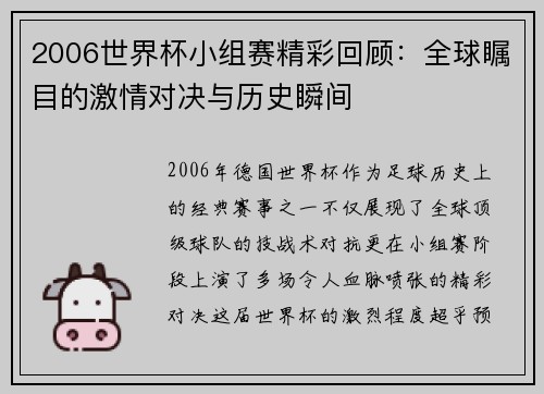 2006世界杯小组赛精彩回顾：全球瞩目的激情对决与历史瞬间