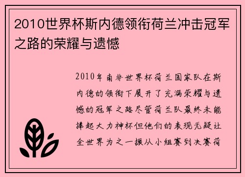 2010世界杯斯内德领衔荷兰冲击冠军之路的荣耀与遗憾