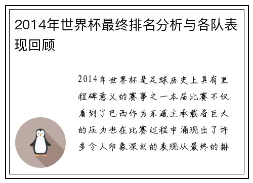 2014年世界杯最终排名分析与各队表现回顾