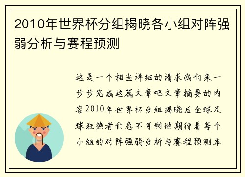 2010年世界杯分组揭晓各小组对阵强弱分析与赛程预测