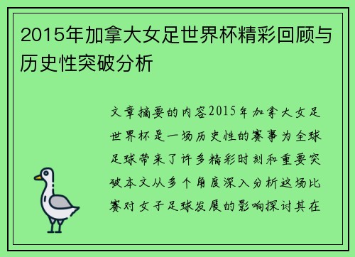 2015年加拿大女足世界杯精彩回顾与历史性突破分析