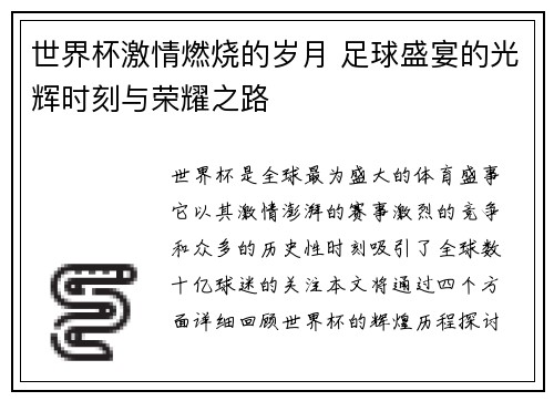 世界杯激情燃烧的岁月 足球盛宴的光辉时刻与荣耀之路