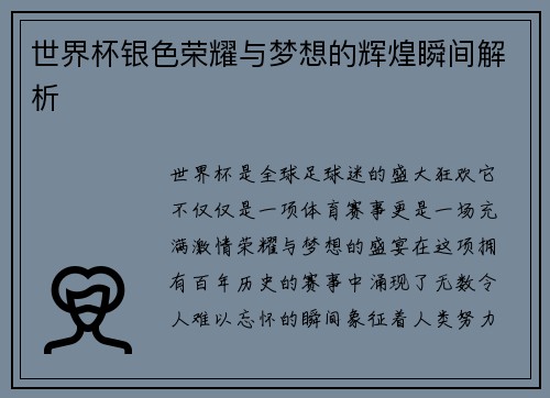 世界杯银色荣耀与梦想的辉煌瞬间解析