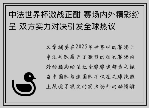 中法世界杯激战正酣 赛场内外精彩纷呈 双方实力对决引发全球热议
