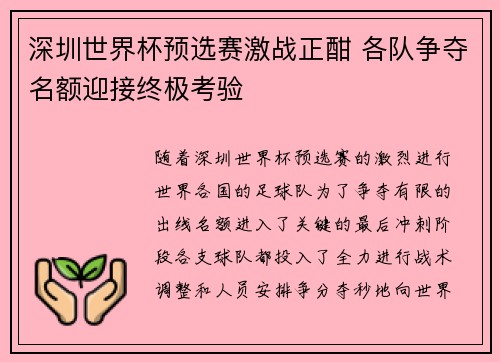 深圳世界杯预选赛激战正酣 各队争夺名额迎接终极考验